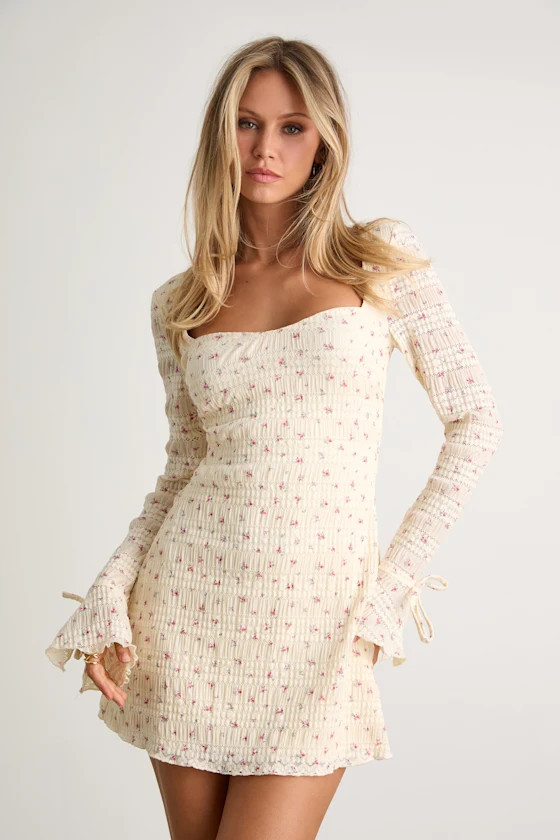 Ornella Cream Floral Textured Long Sleeve Mini Dress | Lulus