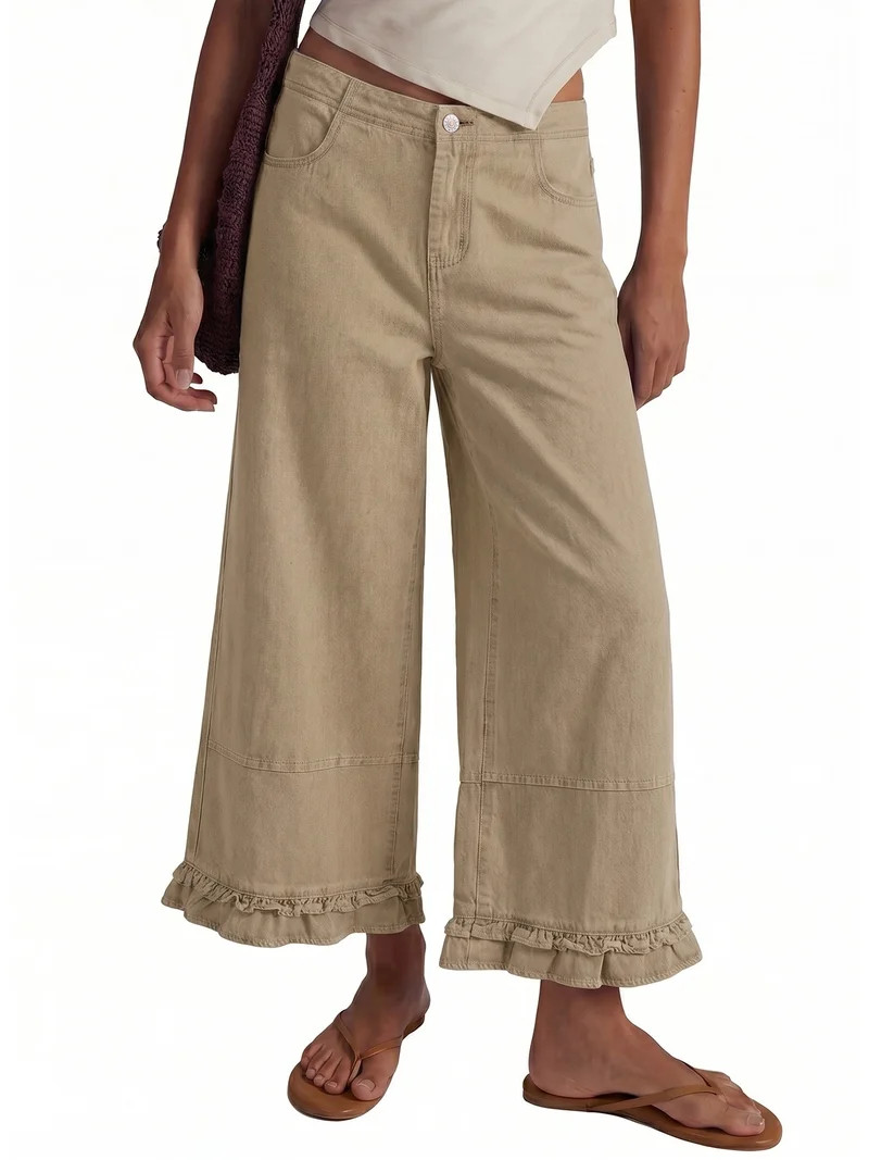DOKOTOO Women Wide Leg Jeans High Waisted Stretch Denim Elastic Waist Ruffle Hem Flare Pants Vint... | Walmart (US)