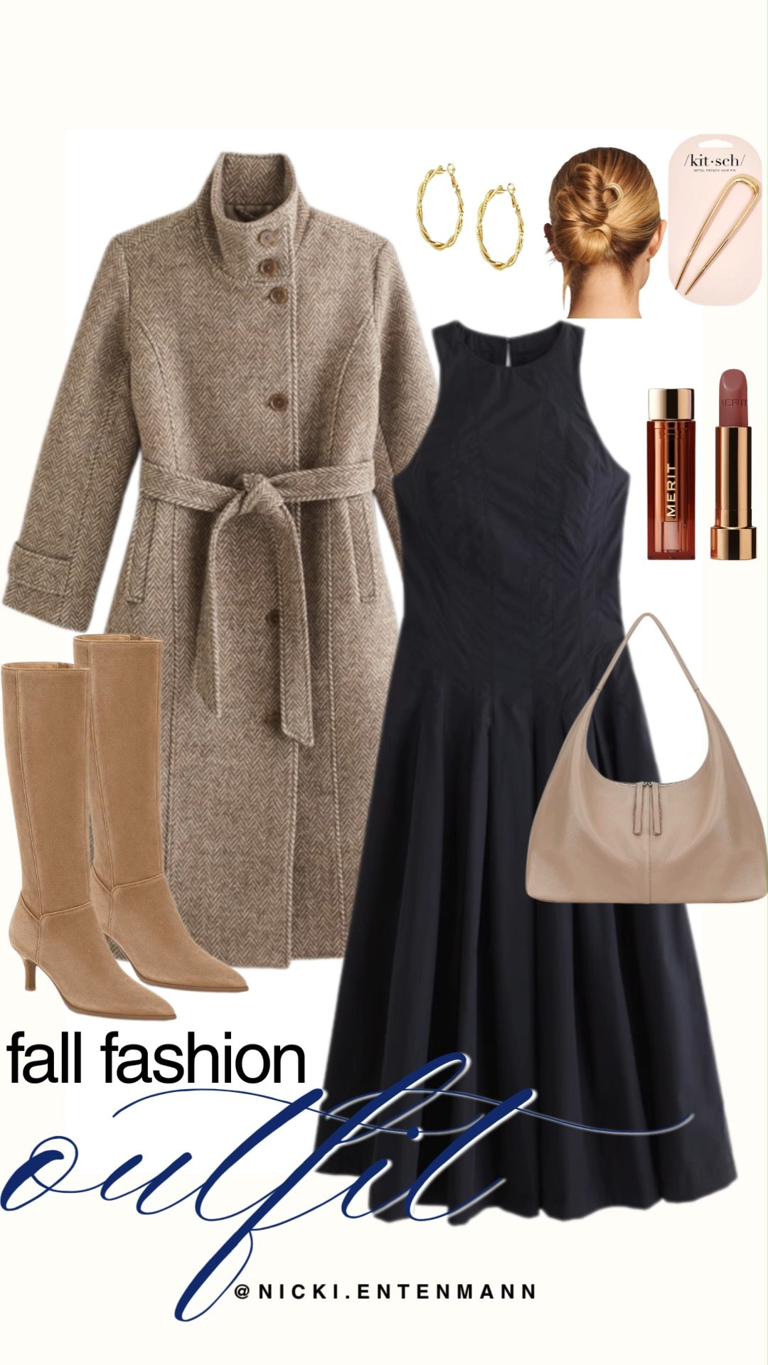 Elevate your autumn wardrobe with this sophisticated fall fashion outfit edit featuring rich tailored layers. A sleek sleeveless black midi dress is styled under a structured herringbone wrap coat with a tie belt. Knee-high beige suede boots, a matching leather shoulder bag, gold hoop earrings, a Kitsch hair pin, and Merit lipstick finish off this preppy look.

#fallfashion #falloutfit #coatseason #outfitinspiration #preppycasual #chicstyle #everydayfashion 

 #LTKootd #LTKmomlife #LTKTravel