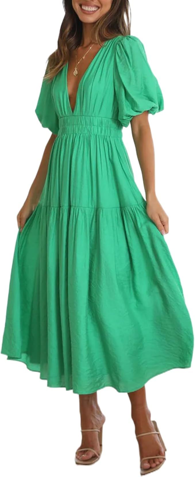 Yuemengxuan Womens Puff Sleeve Maxi Dress Deep V-Neck Smocked Long Dress Sexy Flowy Zipper Back S... | Amazon (US)