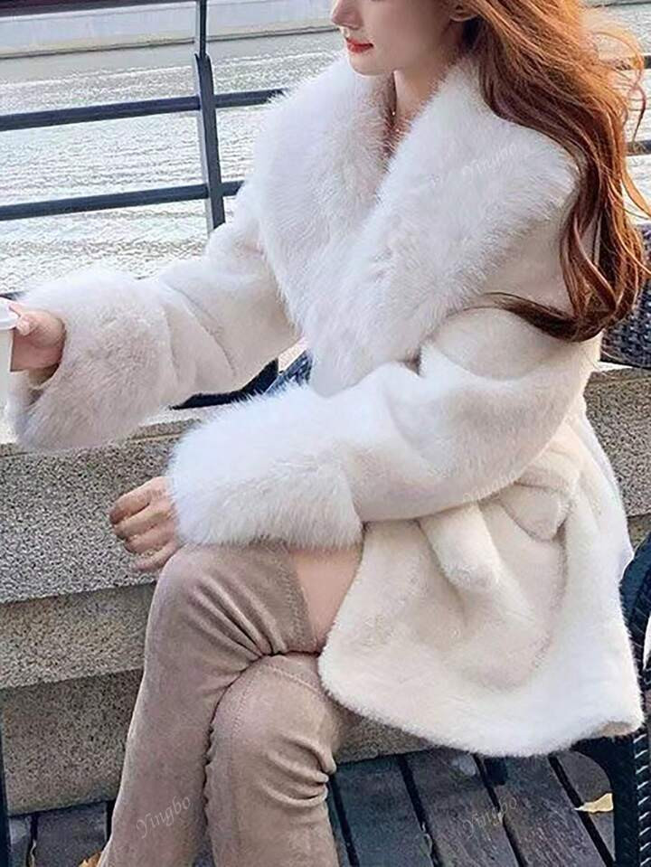 Women's Winter Solid Color Long Sleeve Fluffy Collar Tie-Waist Fluffy Jacket | SHEIN