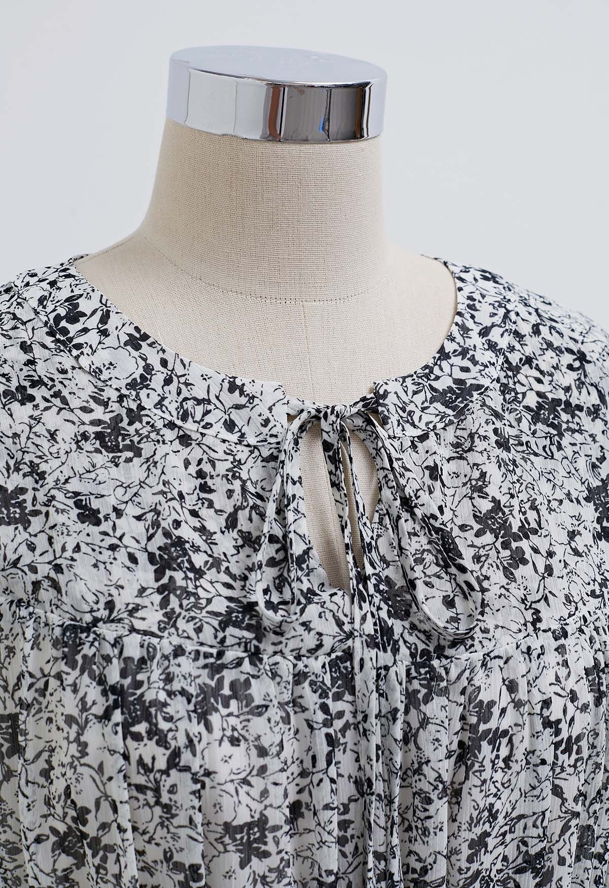 Tie-Neck Floret Tiered Skater Dress in Black | Chicwish