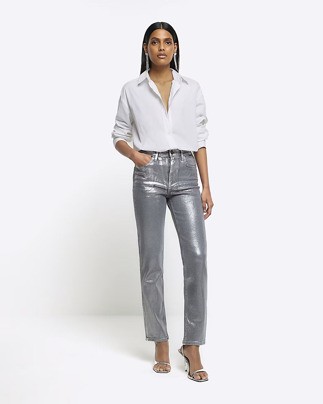 Silver slim straight coated jeans | River Island (UK & IE)