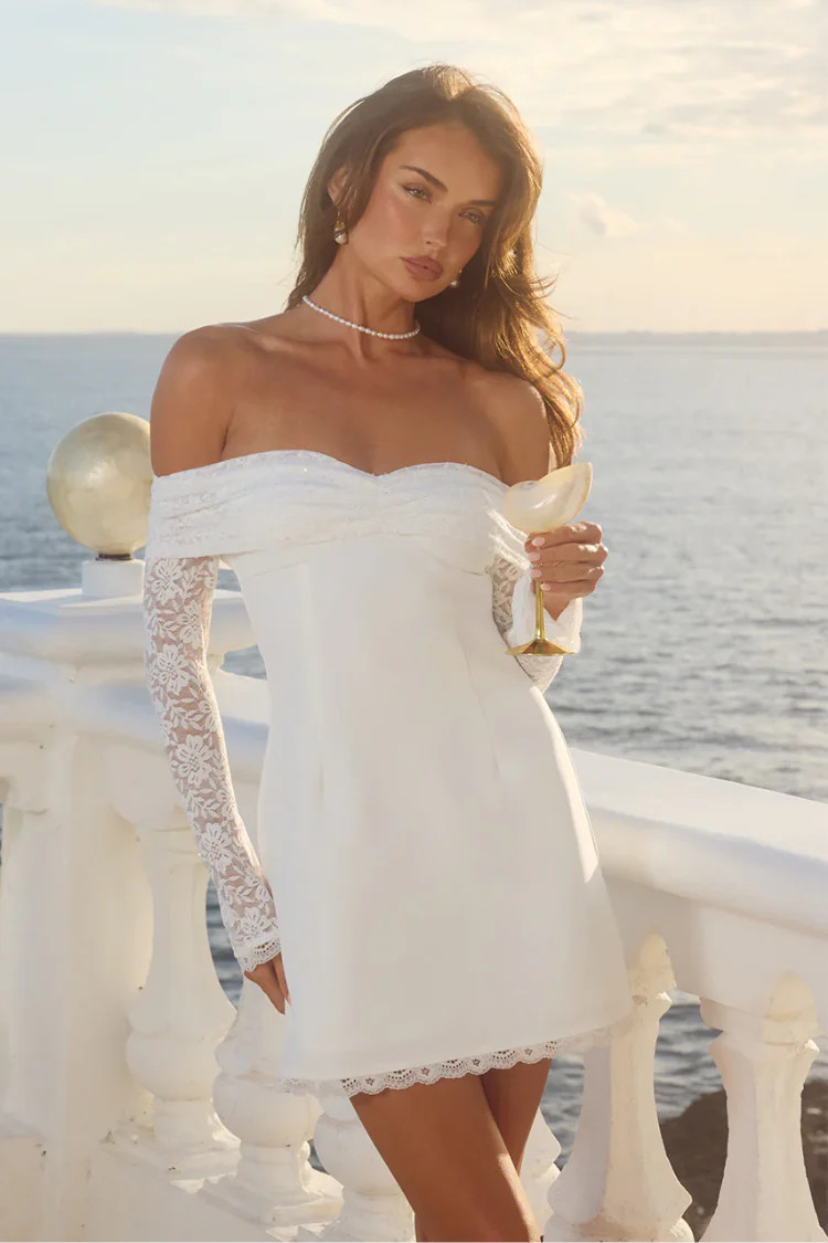 Leona Lace Long Sleeve Mini Dress - White | Confête