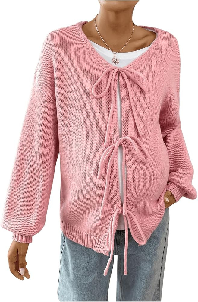 MakeMeChic Women's Maternity Sweater Cardigan Bow Tie Long Sleeve Pregnancy Knitwear | Amazon (US)
