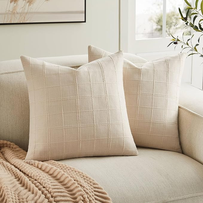 ZeeMart - Juego de 2 fundas de almohada de lino a cuadros, 22x22 pulgadas beige/crema, fundas de ... | Amazon (US)