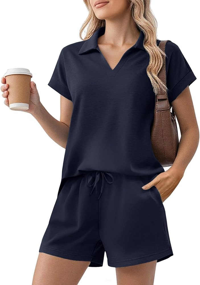PINSPARK 2 Piece Sets for Women Summer Lounge Sets Short Sleeve Sweatsuit V-neck Tops and Drawstr... | Amazon (US)