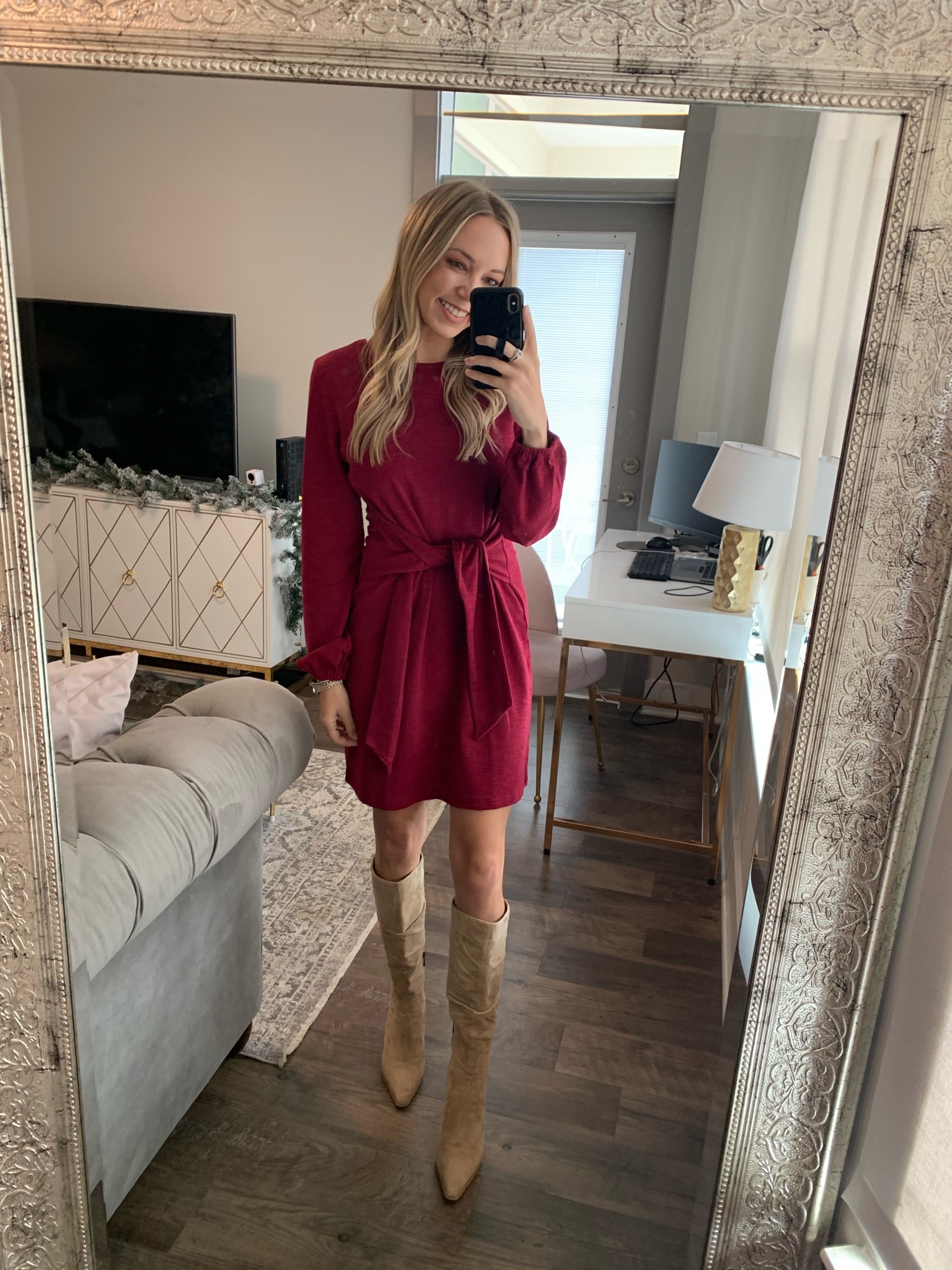 Fall outfit idea, fall dress, long sleeve dress, sweater dress, thanksgiving outfit idea, knee high boots outfit 

#LTKSeasonal #LTKunder50 #LTKunder100