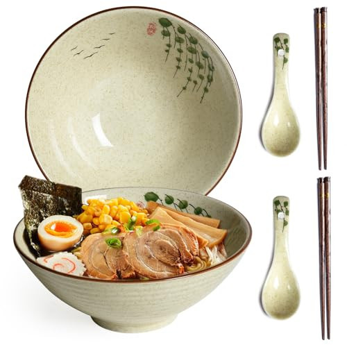 Niturceal Ceramic Ramen Bowl Set of 2, 40oz Japanese Noodle Bowls with Spoons & Chopsticks Porcelain Large Soup Bowl for Pho, Udon, Retro Style Tableware Microwave & Dishwasher Safe, Twig | Amazon (US)