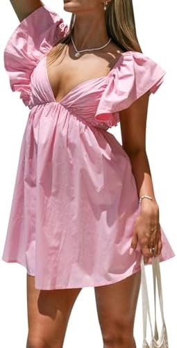 hibshaby Womens Sexy Deep V Neck Ruffle Sleeve Mini Dress Backless Lace Up Summer Dresses | Amazon (US)