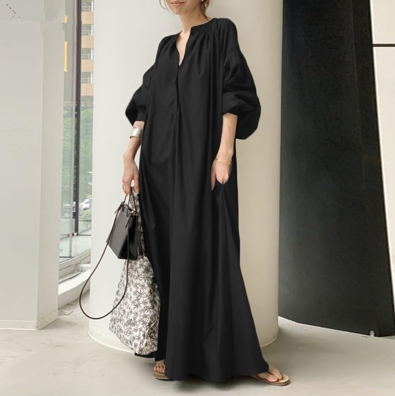 DMOYALA Oversized Dress for Women Lantern Long Sleeve Long Dress Casual V Neck Cotton Maxi Dress Plus Size Shirt Dress Pocket | Amazon (US)