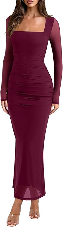 REORIA Long Sleeve Wedding Guest Maxi Dresses for Women Sheer Mesh Square Neck Ruched Bodycon Lon... | Amazon (US)