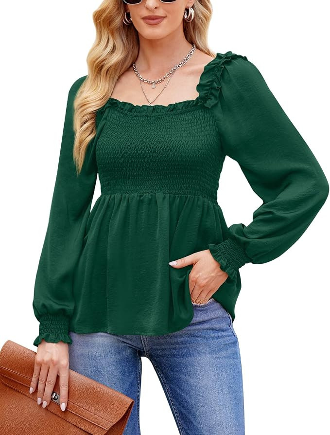 Women Long Sleeves Ruffle Hem Blouse Square Neck Smocked Top Forest Green L | Amazon (US)
