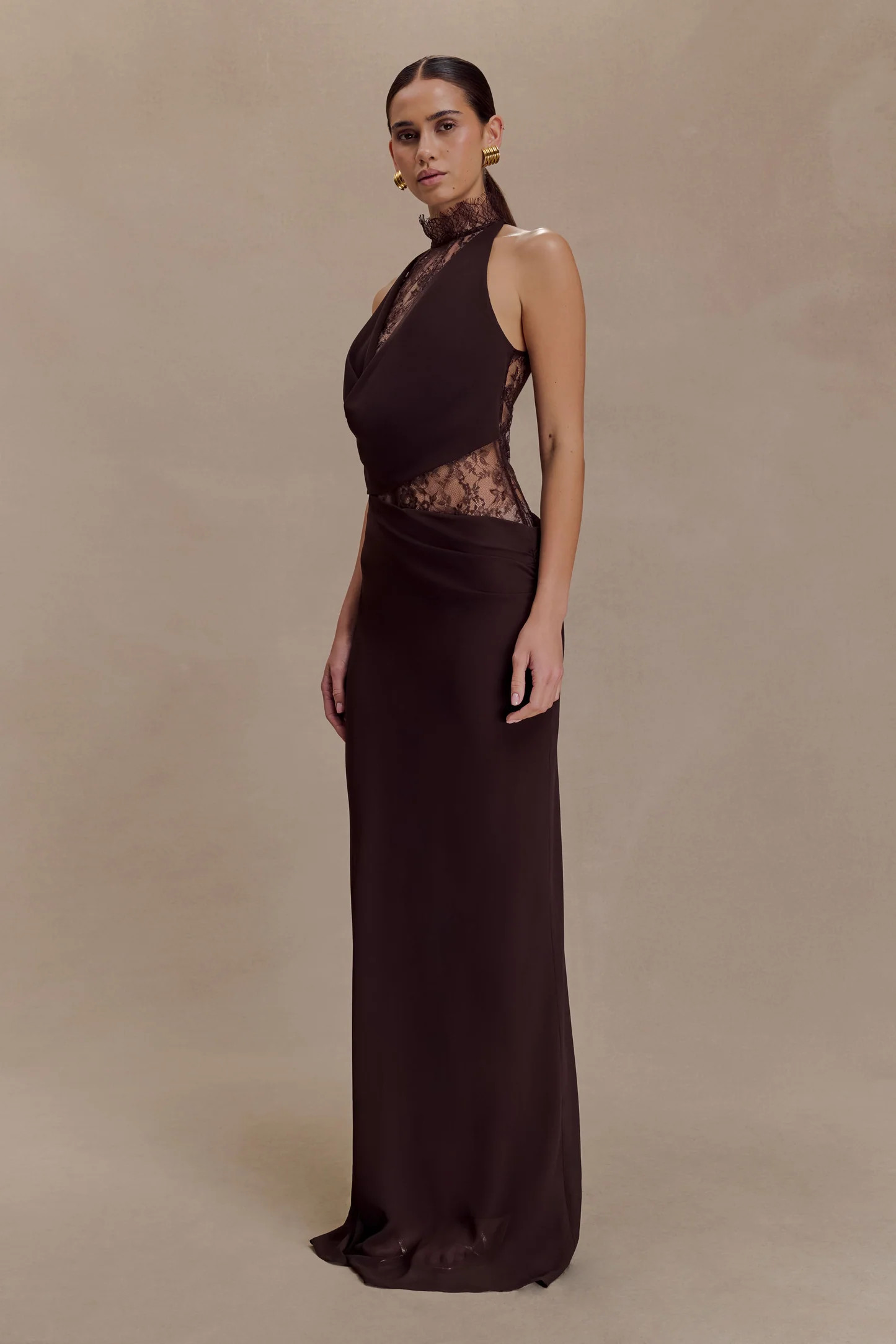 Arra Chiffon And Lace Halter Maxi Dress - Cacao Brown | Meshki UK