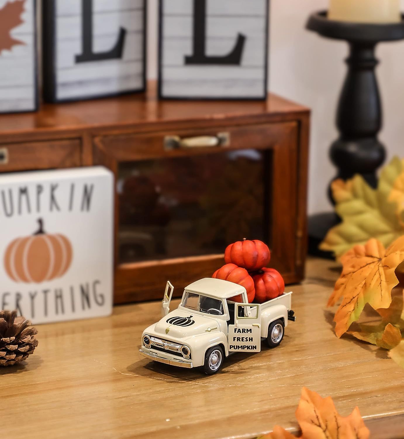 NEWLIGHTURE Mini Harvest Metal Farm Truck with 3 Pumpkins, Fall Farmhouse Vintage Diecast Truck D... | Amazon (US)