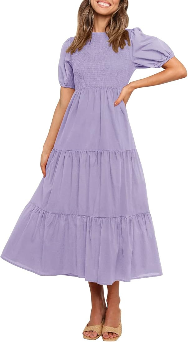 ZESICA Women's 2023 Casual Summer Crew Neck Short Puff Sleeve Smocked High Waist Ruffle Tiered A ... | Amazon (US)