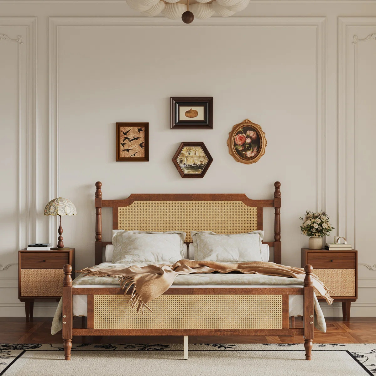 Aimara Queen Pine Wood Platform Bed with Rattan Headboard & Footboard, Carved Wooden Bedposts | Wayfair North America