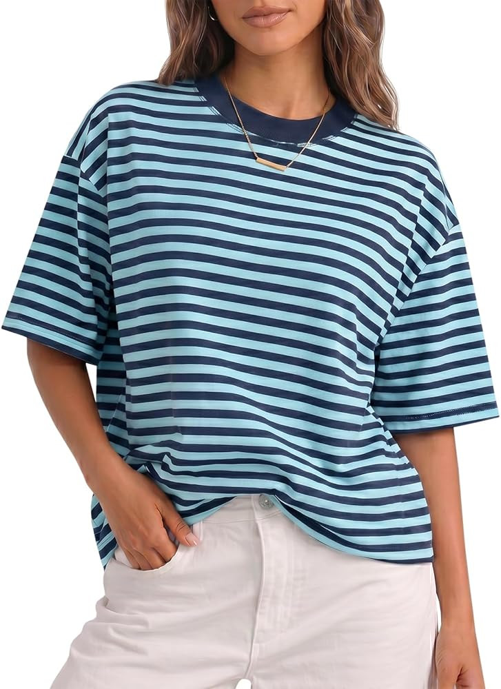Fisoew Womens Oversized Striped T Shirts Drop Shoulder Color Block Short Sleeve Tops Casual Crewn... | Amazon (US)