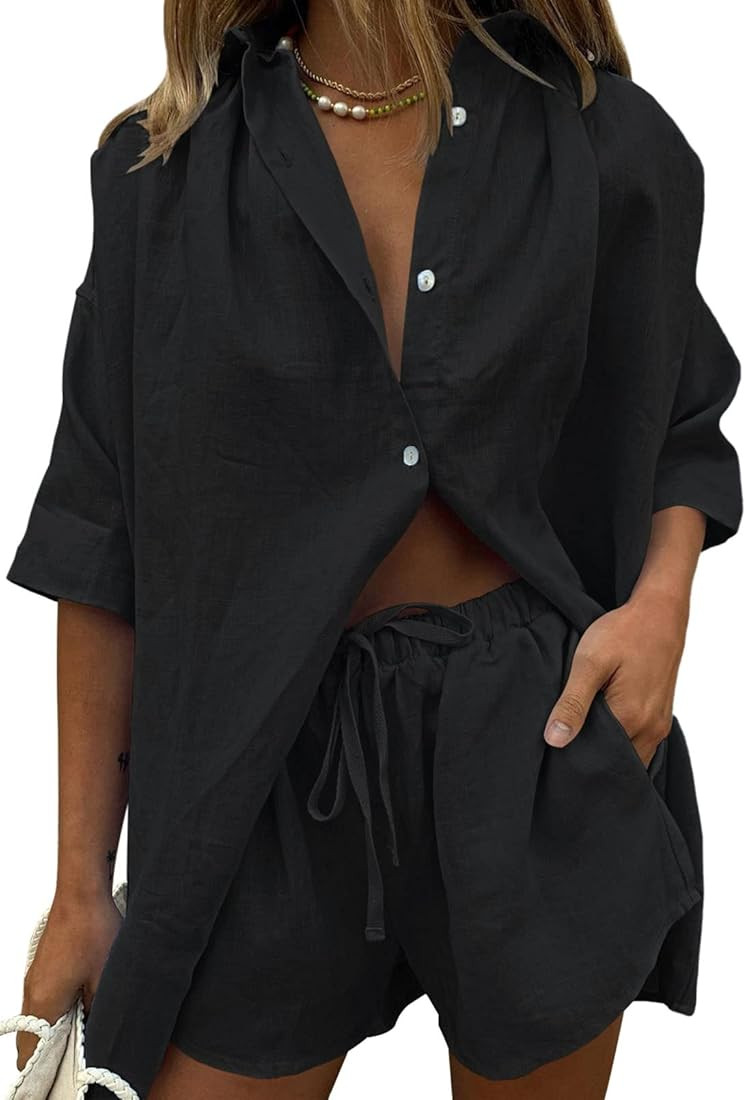 Women's 2 Piece Outfits Button Down Short Sleeve Shirts and Shorts Set Summer Sweatsuits Loungewe... | Amazon (US)