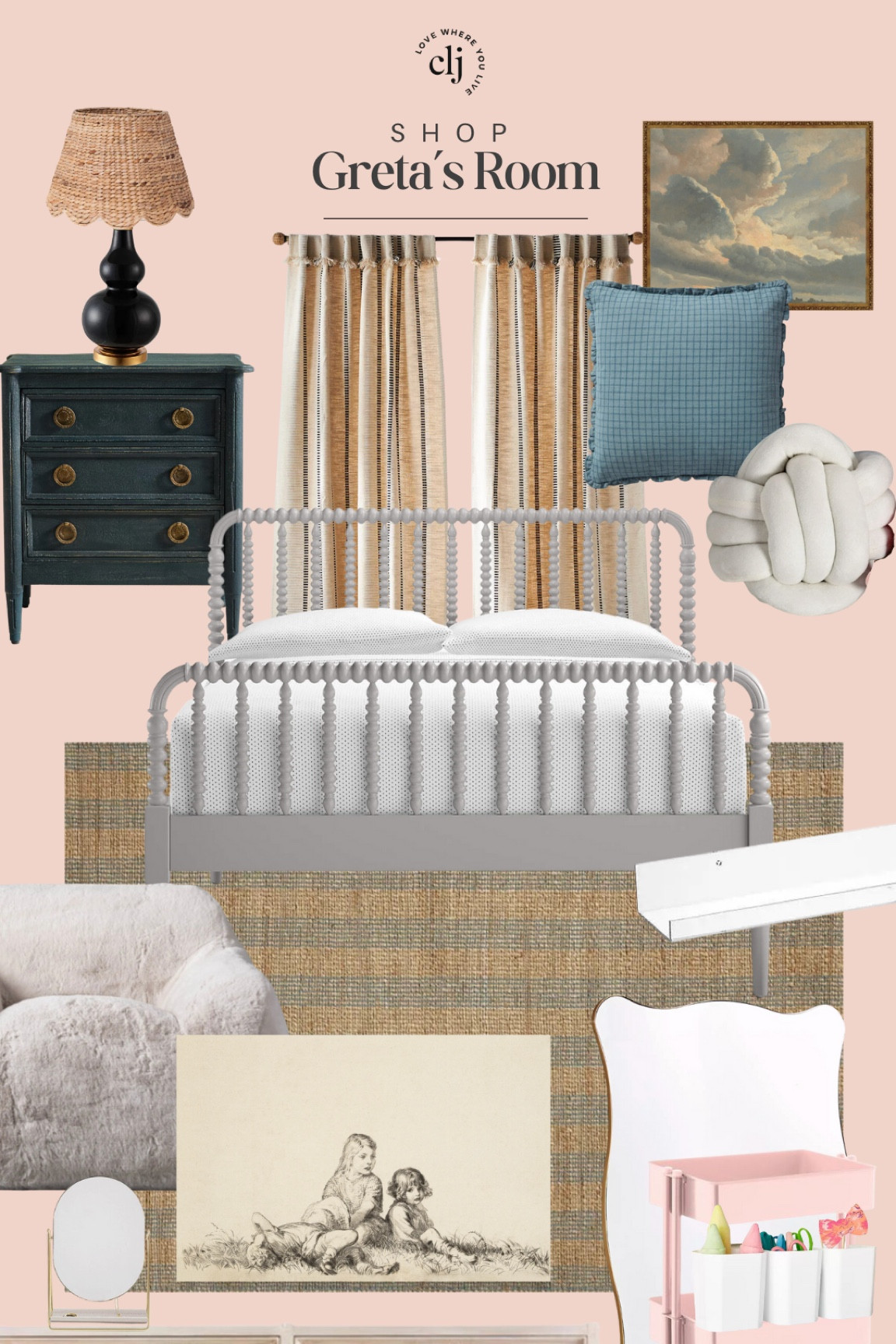 Shop the Room: Greta’s Room

Striped curtain panels, cloud art, throw pillow, knot pillow, blue 3 drawer nightstand, spindle bed, jute area rug, acrylic shelves, floor mirror, rolling 3 tier cart, sister art print, vanity mirror, faux fur chair, 6 drawer dresser

#LTKStyleTip #LTKHome #LTKSaleAlert