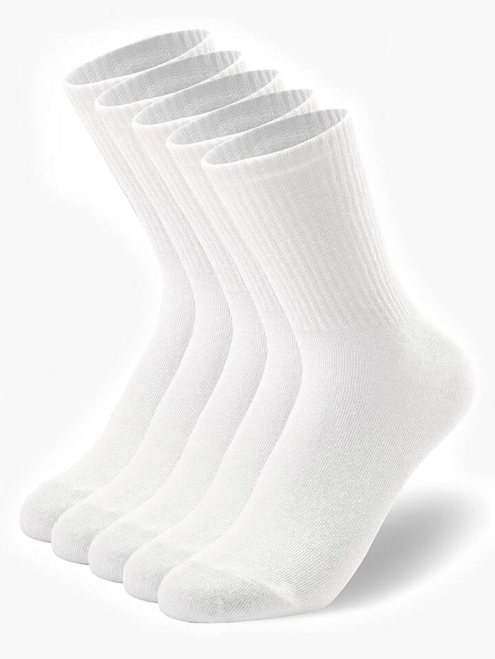 5 Pairs White Soft Casual Breathable Crew Socks For Men's and Women's | SHEIN