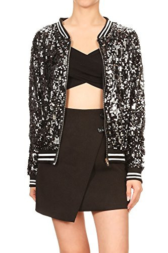 Anna-Kaci Womens Sequin Long Sleeve Front Zip Jacket with Ribbed Cuffs, Black with White Stripe, Small | Amazon (US)