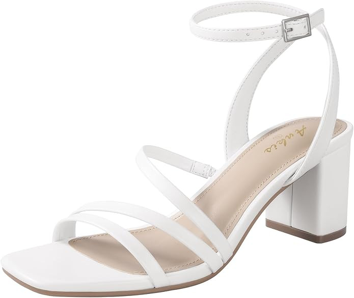 Ankis Strappy Heels for Women Square Nude White Black Open Toe Chunky Block Heels Ankle Strap Buc... | Amazon (US)