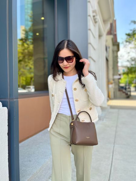 Spring Outfit: tweed jacket (S) runs slightly small across the shoulders, soft pistachio crepe pants, and leather crossbody bag (not available on LTK but shared similar style)

#LTKworkwear #LTKstyletip #LTKfindsunder100