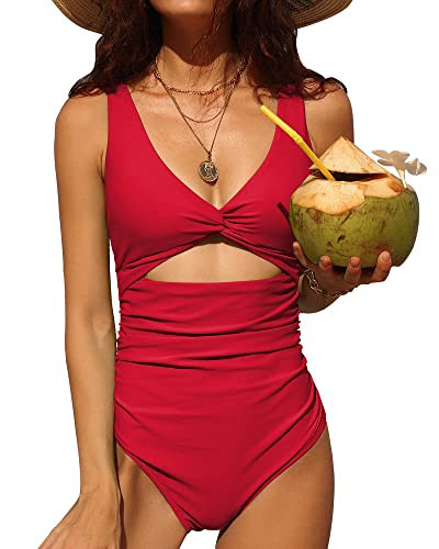 Charmo Women's One Piece Swimsuit Cutout Sexy Red High Waisted Monokini Bathing Suit Red Large | Amazon (US)
