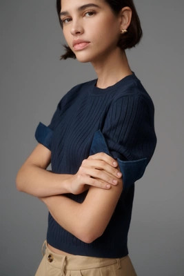 Maeve Fitted Mixed-Media Denim Cuffed Short-Sleeve Sweater | Anthropologie (US)