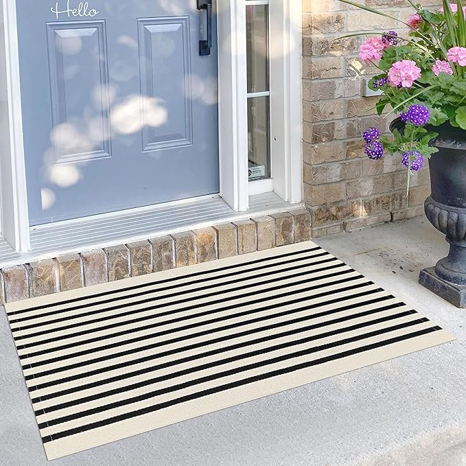 KILOCOCO Beige Striped Rug 2.3'x3.6' Indoor Outdoor Rugs Front Door Mat Hand Woven Cotton Washabl... | Amazon (US)
