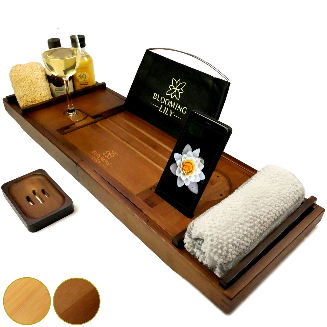 Bath Tray Caddy with Wine Glass Holder, iPad Stand and More – Suitable for Most Baths (Brown - ... | Etsy (US)