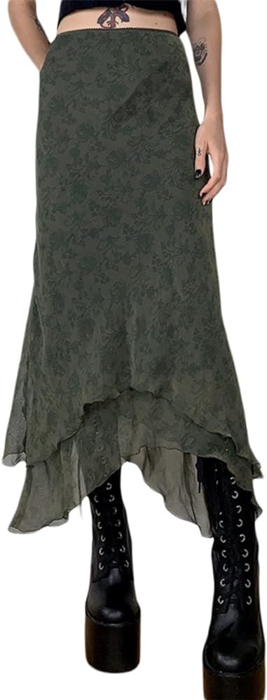 Women Y2K Vintage Floral Printed Midi Skirt 90s E-Girl Grunge A Line Layered High Waist Long Skirt S | Amazon (US)