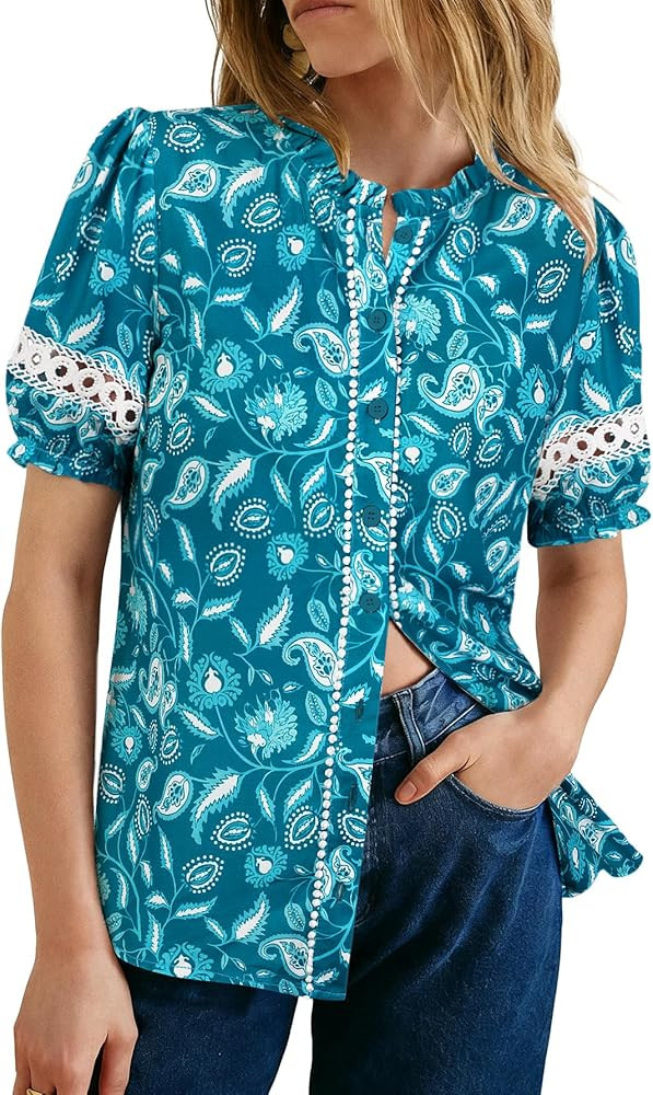 GRACE KARIN Women Boho Floral Tops, Summer Short Eyelet Sleeve Dressy Casual Shirts, Spring Butto... | Amazon (US)