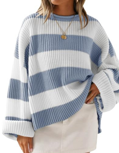 ZESICA Women's 2025 Fall Long Sleeve Oversized Striped Color Block Comfy Loose Crew Neck Knitted Pullover Sweater Blue X-Large | Amazon (US)