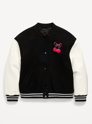 Loose Button-Front Letterman-Style Bomber Jacket for Girls | Old Navy (US)