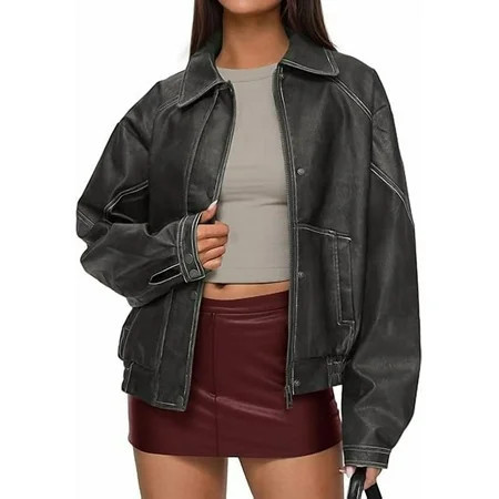 PRETTYGARDEN Faux Leather Jacket Women Bomber Motorcycle Zip Up Jackets Oversized Fall Fashion Outfits Winter Coats | Walmart (US)