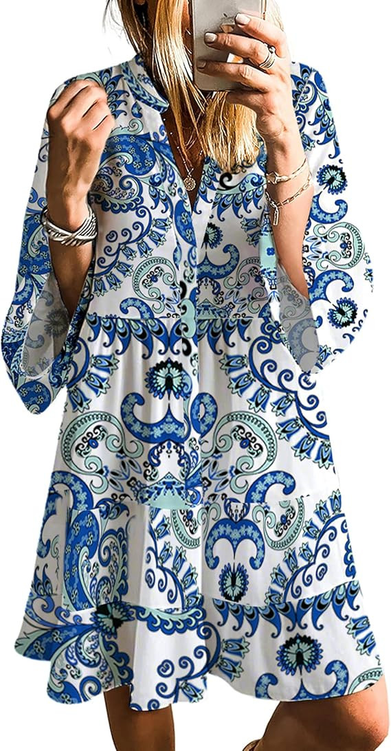 SELINK Womens Long Sleeve Dresses Casual V Neck Tribal Print Button Flowy Boho Mini Beach Dress | Amazon (US)