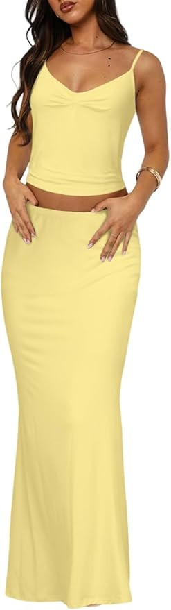 Two Piece Skirt Set for Women - Sexy 2 Pc Sleeveless Spaghetti Strap Pleated Tank Top Maxi Long S... | Amazon (US)