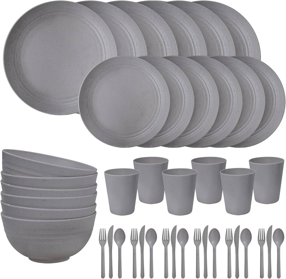 EI 42pcs Wheat Straw Dinnerware Set,Reusable Plastic Plates,Dark Grey Unbreakable Dinner Plates,P... | Amazon (US)