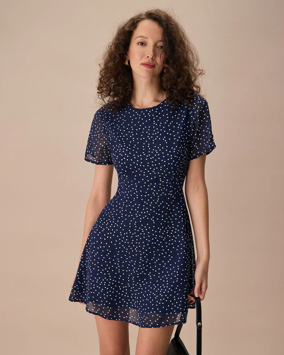 The Navy Crew Neck Polka Dot Cutout Mini Dress | rihoas.com
