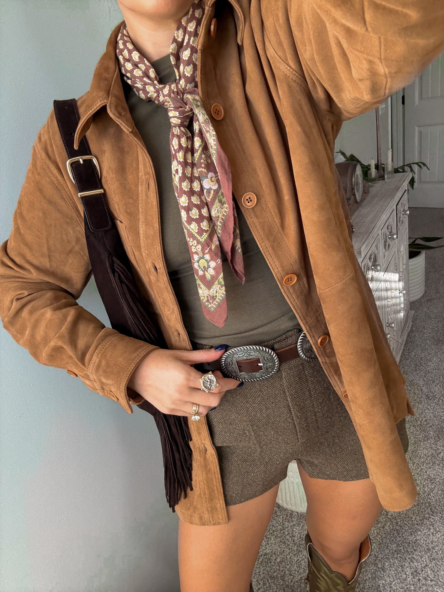 fall western chic!! code KIRA15 for the boots (NOTE the stitching on the boot is brighter than online shows), size small in the real suede shirt, size small in the shorts,  and small in the long sleeve! 

#LTKSaleAlert #LTKootd #LTKTall