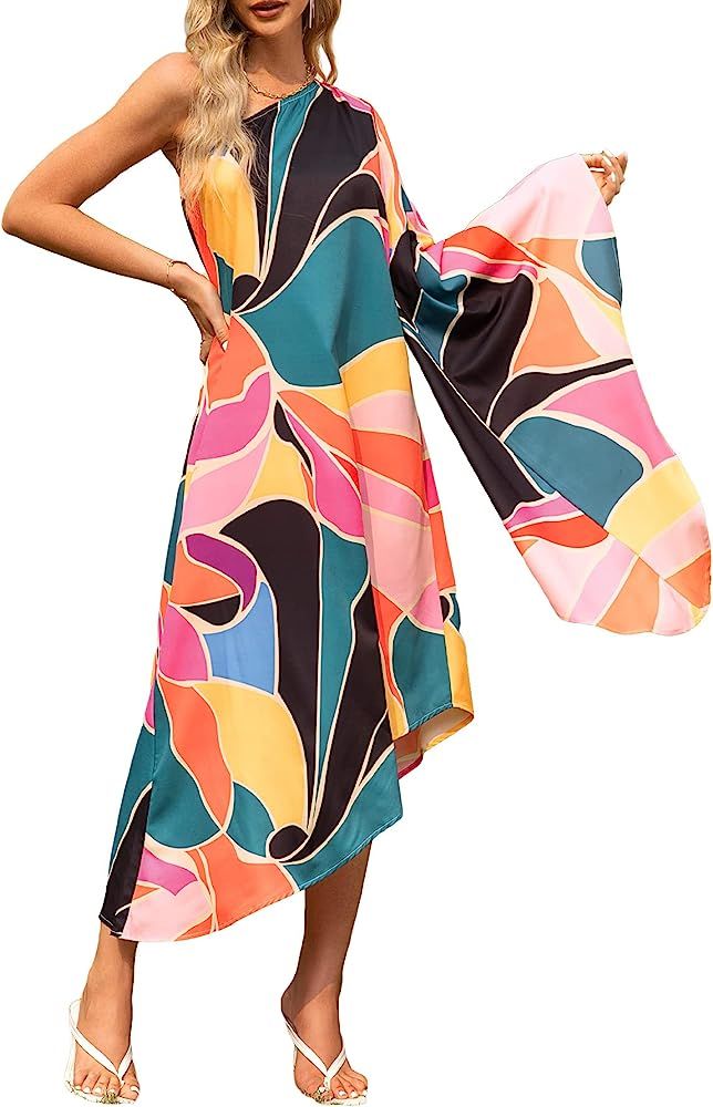 BerryGo Women's One Shoulder Batwing Cape Mini Dress Leopard Colorblock Loose Casual Party Dress | Amazon (US)