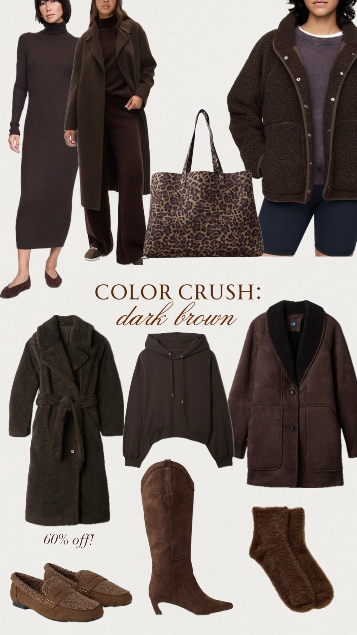Dark brown. Gap. Trench coat. Purse. Leopard tote. Sherpa jacket. Hoodie. Brown dress. Long sleeve dress. Boots. Suede boots 

#LTKFindsUnder50 #LTKSeasonal #LTKGiftGuide