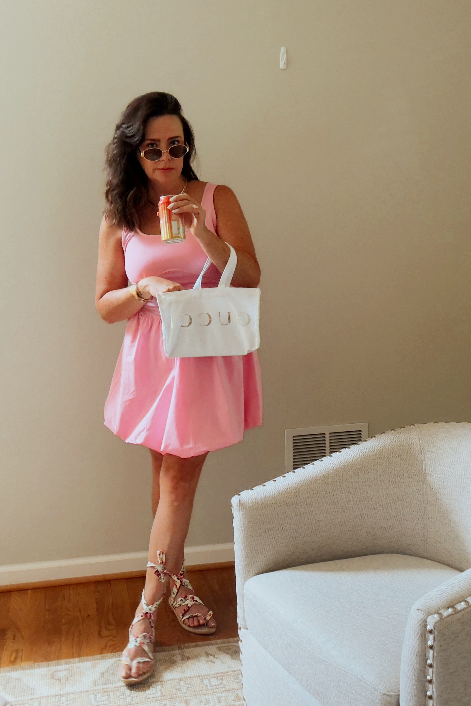 🌸🪩🎀 Pink Bubble Dress . How cute is she !!! Paired with these little lace up sandals ! Such a cute look for any day /night occasion. #dresses #summerdress #vacationdress 

#LTKFindsUnder50 #LTKMidsize #LTKOver40