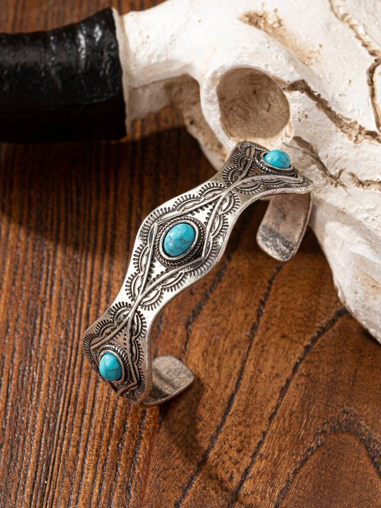 1 Pc Blue Turquoise Acrylic Decor Western Concho Cuff Bangle Statement Bracelet For Cowgirl | SHEIN