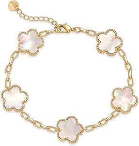 PAVOI 14K Gold Plated Clover Bracelets for Women - Flower Four Leaf Clover Bracelet - Mother of P... | Amazon (US)