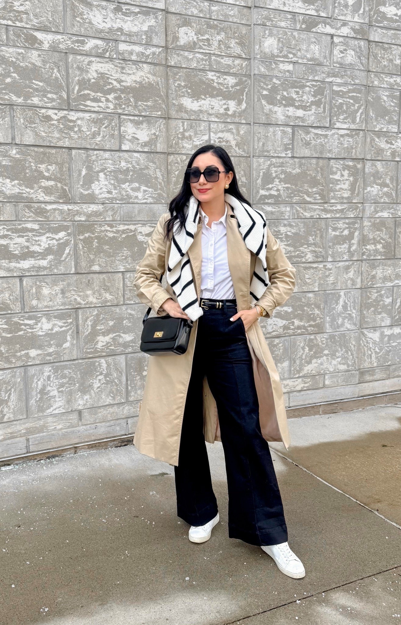 A spring outfit featuring all the classics🖤

Trench coat 
White button up top 
Black and white striped sweater 
Black wide leg jeans (40% off)
White sneakers 

#springoutfit #classicstyle #neutraloutfit #smartcasual 


#LTKootd #LTKSeasonal #LTKSaleAlert