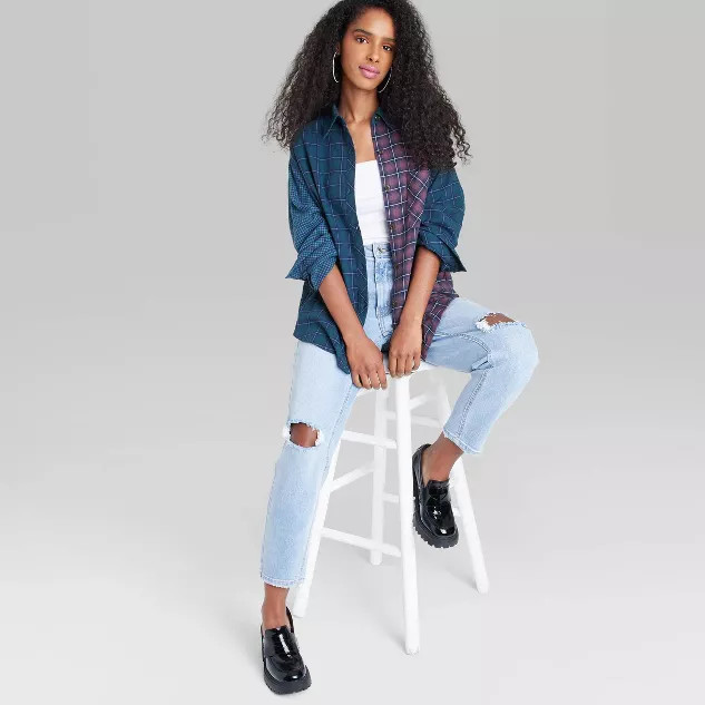 Women's Long Sleeve Hi-Low Oversized Flannel Shirt - Wild Fable™ Red Plaid M | Target