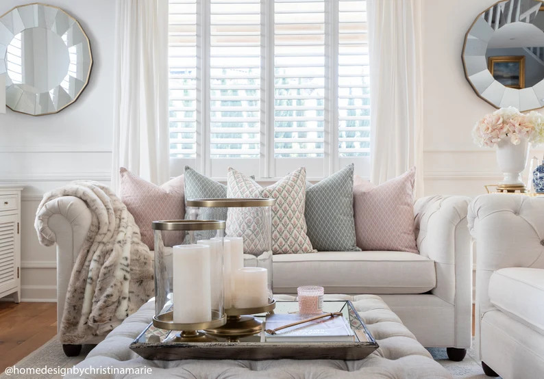 Rose Pink and Green Pillow Cover, Block Print Pillow Case, Small Scale Floral Print Pillow Cover,... | Etsy (US)